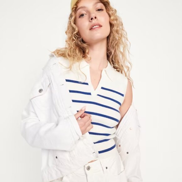 Nautical Rib-Knit Crop Blue/White Plus Size Polo Sweater 3X - Picture 1 of 4